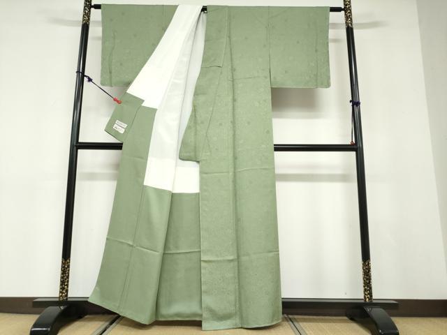 平和屋着物○上質な色無地 草花地紋 草色 やまと誂製 正絹 逸品