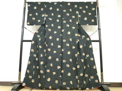 平和屋着物●上質な小紋　草花文　黒地　正絹　逸品　未使用　DABC2994ud