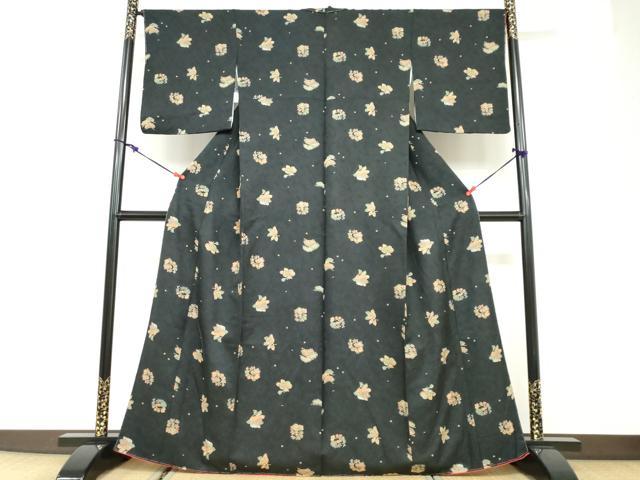 平和屋着物●上質な小紋　草花文　黒地　正絹　逸品　未使用　DABC2994ud