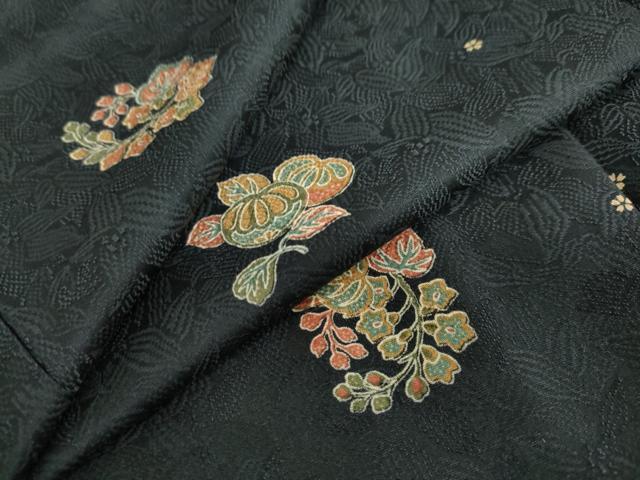 平和屋着物●上質な小紋　草花文　黒地　正絹　逸品　未使用　DABC2994ud
