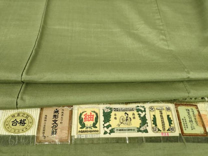 平和屋着物●本場真綿結城紬　色無地　柳染色　証紙付き　正絹　逸品　DABC3007az