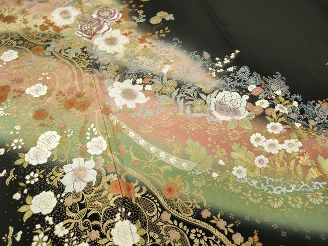 平和屋着物●ブライダルファッションデザイナー・桂由美　黒留袖　花尽くし　金銀彩　京都きもの友禅扱い　正絹　逸品　DABC3010az