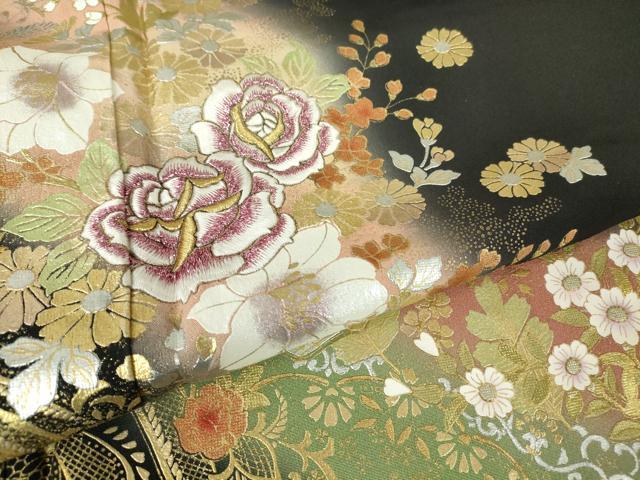 平和屋着物●ブライダルファッションデザイナー・桂由美　黒留袖　花尽くし　金銀彩　京都きもの友禅扱い　正絹　逸品　DABC3010az