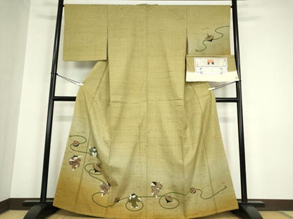 平和屋着物●訪問着　本場真綿絢結城紬　作家物　童子遊び　証紙付き　正絹　逸品　DABC3011az