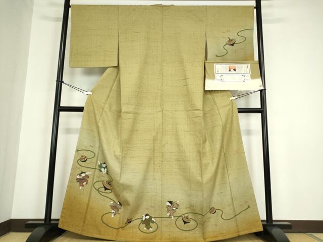 平和屋着物●訪問着　本場真綿絢結城紬　作家物　童子遊び　証紙付き　正絹　逸品　DABC3011az