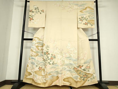 平和屋着物●訪問着　刺繍　吉祥枝花松文　金彩　正絹　逸品　DABC3022az
