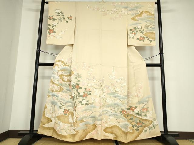 平和屋着物●訪問着　刺繍　吉祥枝花松文　金彩　正絹　逸品　DABC3022az