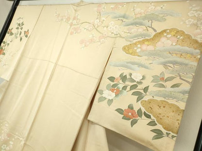 平和屋着物●訪問着　刺繍　吉祥枝花松文　金彩　正絹　逸品　DABC3022az