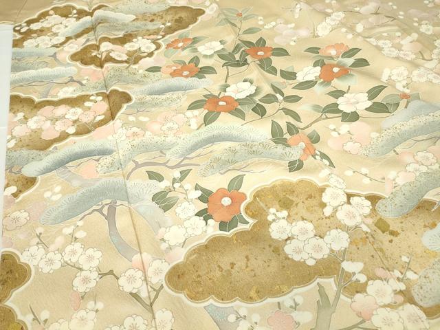 平和屋着物●訪問着　刺繍　吉祥枝花松文　金彩　正絹　逸品　DABC3022az