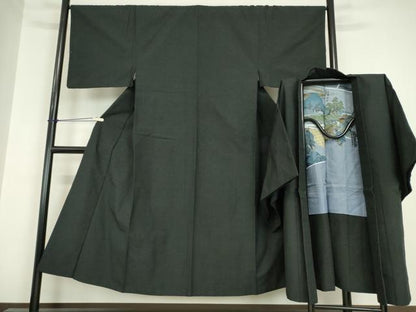 平和屋着物●男性　紬　アンサンブル　長羽織　黒色　正絹　逸品　DABC3033az