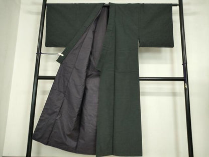 平和屋着物●男性　紬　アンサンブル　長羽織　黒色　正絹　逸品　DABC3033az