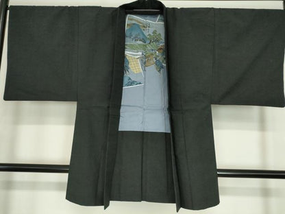 平和屋着物●男性　紬　アンサンブル　長羽織　黒色　正絹　逸品　DABC3033az