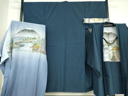 平和屋着物●男性　生紬　米沢織　アンサンブル　長羽織・長襦袢(無双)セット　紺色　証紙付き　正絹　逸品　DABC3036az