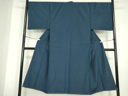 平和屋着物●男性　生紬　米沢織　アンサンブル　長羽織・長襦袢(無双)セット　紺色　証紙付き　正絹　逸品　DABC3036az