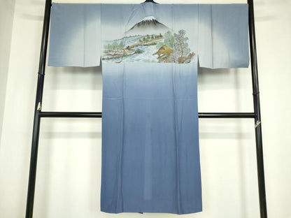 平和屋着物●男性　生紬　米沢織　アンサンブル　長羽織・長襦袢(無双)セット　紺色　証紙付き　正絹　逸品　DABC3036az
