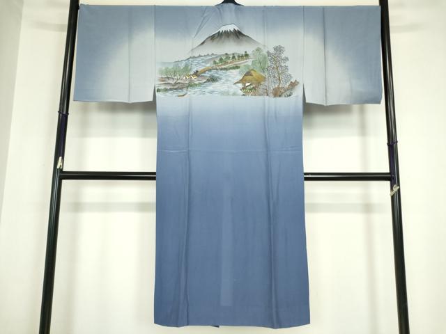 平和屋着物●男性　生紬　米沢織　アンサンブル　長羽織・長襦袢(無双)セット　紺色　証紙付き　正絹　逸品　DABC3036az