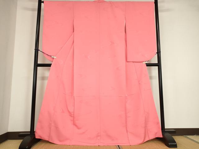 平和屋着物●小振袖　色無地　流水地紋　真朱色　洗える着物　DABC3047az