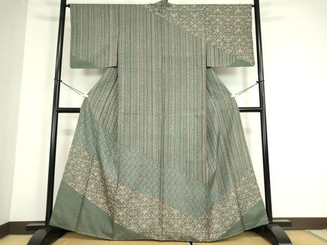 平和屋着物●訪問着　紬地　型染　更紗花文　正絹　逸品　未使用　DABC3054az