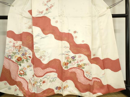 平和屋着物●創業460年・千總　訪問着　駒刺繍　絞り　御所車花文　金彩　正絹　逸品　DABC3059az