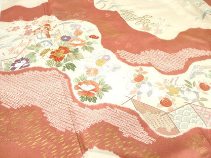平和屋着物●創業460年・千總　訪問着　駒刺繍　絞り　御所車花文　金彩　正絹　逸品　DABC3059az