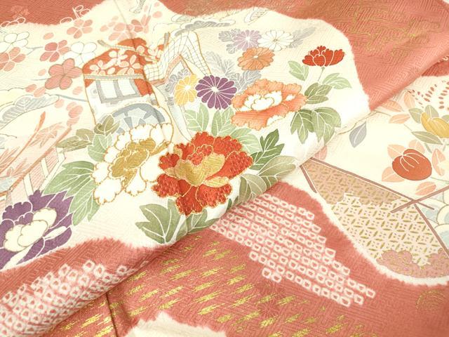 平和屋着物●創業460年・千總　訪問着　駒刺繍　絞り　御所車花文　金彩　正絹　逸品　DABC3059az