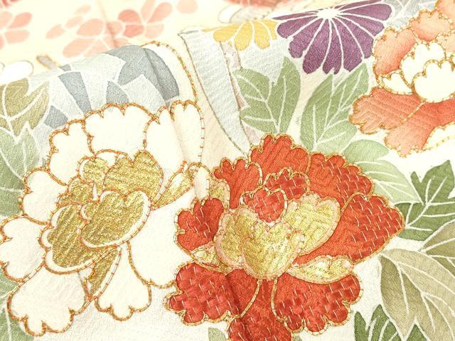 平和屋着物●創業460年・千總　訪問着　駒刺繍　絞り　御所車花文　金彩　正絹　逸品　DABC3059az