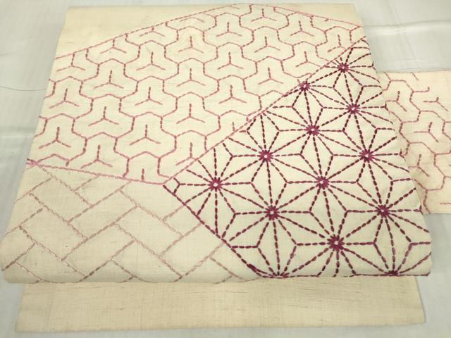 平和屋着物▼九寸名古屋帯 紬地 刺し子 総刺繍 麻の葉文 正絹 逸品 DABC3088az