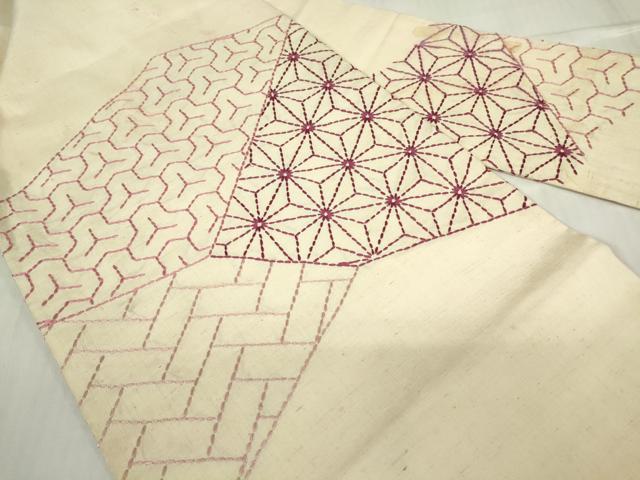平和屋着物▼九寸名古屋帯 紬地 刺し子 総刺繍 麻の葉文 正絹 逸品 DABC3088az