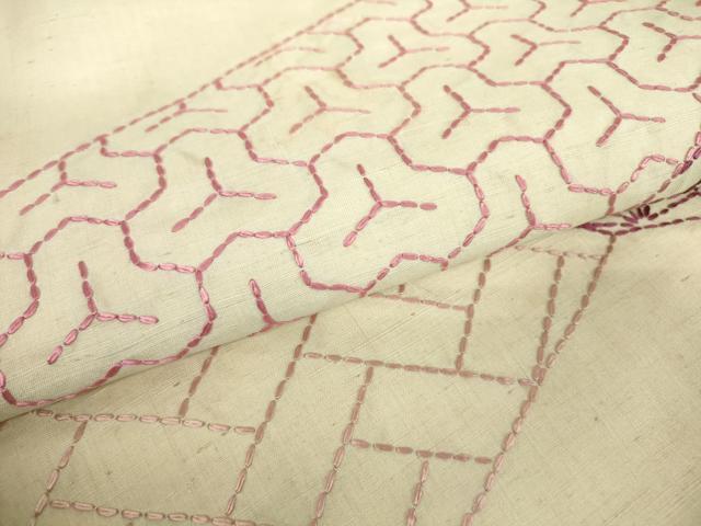 平和屋着物▼九寸名古屋帯 紬地 刺し子 総刺繍 麻の葉文 正絹 逸品 DABC3088az