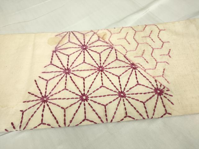 平和屋着物▼九寸名古屋帯 紬地 刺し子 総刺繍 麻の葉文 正絹 逸品 DABC3088az