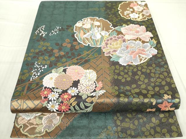 平和屋着物▼六通柄袋帯　唐織　雪輪花丸文　金糸　正絹　逸品　DABC3090az