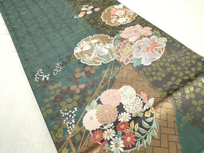 平和屋着物▼六通柄袋帯　唐織　雪輪花丸文　金糸　正絹　逸品　DABC3090az