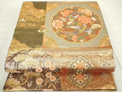 平和屋着物▼両面 六通柄袋帯 鳳凰牡丹文 金糸 正絹 逸品 DABC3093az