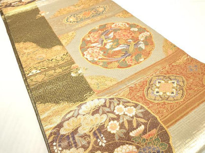 平和屋着物▼両面 六通柄袋帯 鳳凰牡丹文 金糸 正絹 逸品 DABC3093az