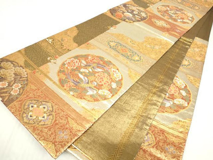 平和屋着物▼両面 六通柄袋帯 鳳凰牡丹文 金糸 正絹 逸品 DABC3093az