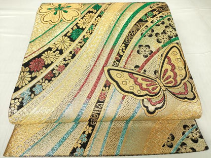 平和屋着物▼佐賀錦 六通柄袋帯 舞蝶花文 金糸 正絹 逸品 DABC3131az