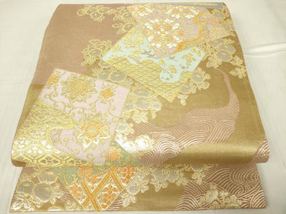 平和屋着物▼六通柄袋帯 色紙花鳥文 金銀糸 正絹 逸品 DABC3163az