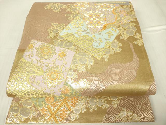 平和屋着物▼六通柄袋帯 色紙花鳥文 金銀糸 正絹 逸品 DABC3163az