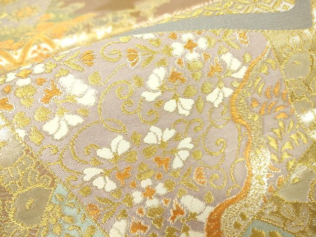 平和屋着物▼六通柄袋帯 色紙花鳥文 金銀糸 正絹 逸品 DABC3163az