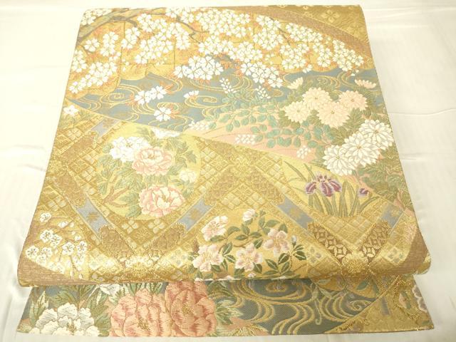 平和屋着物▼六通柄袋帯　唐織　障壁絵巻草花図　金糸　正絹　逸品　DABC3177az