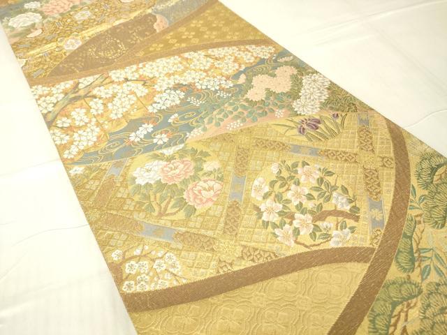 平和屋着物▼六通柄袋帯　唐織　障壁絵巻草花図　金糸　正絹　逸品　DABC3177az