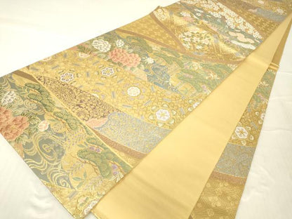 平和屋着物▼六通柄袋帯　唐織　障壁絵巻草花図　金糸　正絹　逸品　DABC3177az