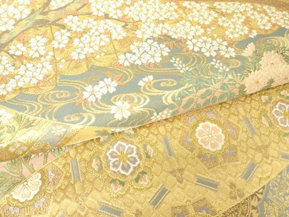 平和屋着物▼六通柄袋帯　唐織　障壁絵巻草花図　金糸　正絹　逸品　DABC3177az