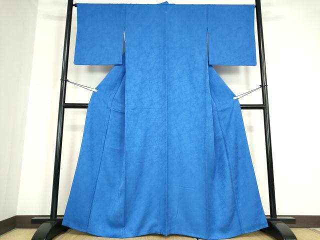 平和屋着物●日展作家　山本唯与志監修　レリーフ染　色無地　斜線地紋　瑠璃色　正絹　逸品　DABC3183az