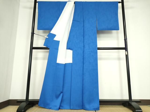 平和屋着物●日展作家　山本唯与志監修　レリーフ染　色無地　斜線地紋　瑠璃色　正絹　逸品　DABC3183az