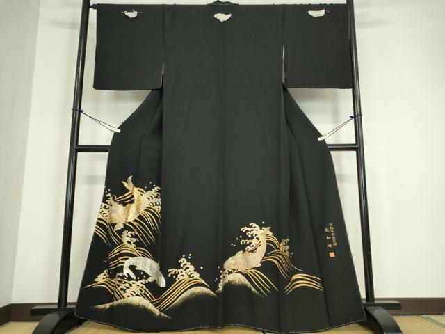平和屋着物●伝統金彩工芸師　鼓和峰　黒留袖　鯉　金彩　正絹　逸品　未使用　DABC3185az