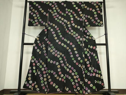 平和屋着物●上質な小紋　絞り　舞花文　黒地　正絹　逸品　DABC3186az