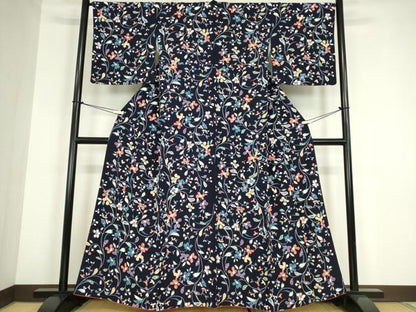 平和屋着物●上質な小紋　草花文　型染　正絹　逸品　DABC3194az