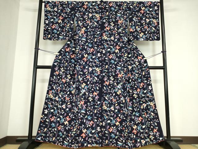 平和屋着物●上質な小紋　草花文　型染　正絹　逸品　DABC3194az