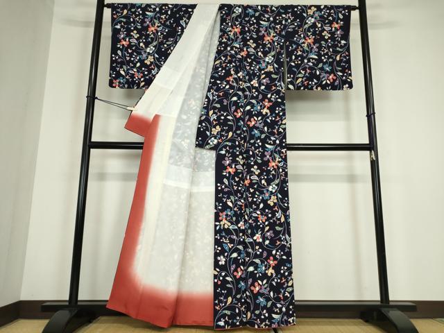 平和屋着物●上質な小紋　草花文　型染　正絹　逸品　DABC3194az